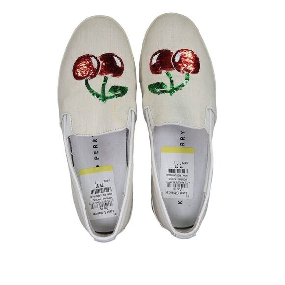 Katy Perry Shoes Womens 6 Sneaker Slip On Casual Cherry Sequin Kerry Flats White - Picture 6 of 13